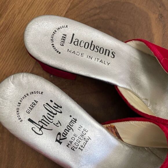 70s Amalfi by Rangoni Red Velvet Open Toe Mules Block Heel 7.5 Narrow - Picture 7 of 9